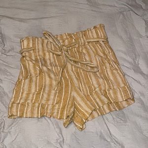 Mustard and white high waisted paper bag shorts